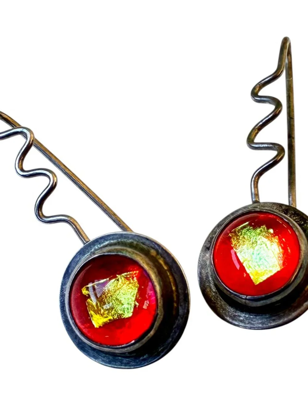 Barbara Sucherman Dichroic Glass Sterling Silver Modernist Drop Pierced Vintage